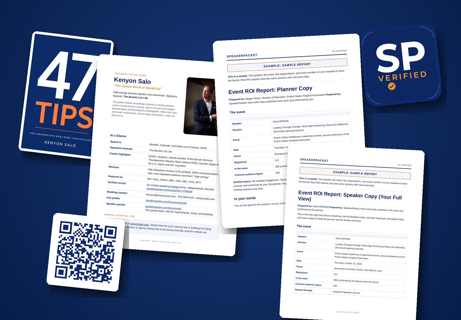 The SpeakerPacket tools laid out: the speaker listing guide, planner and speaker ROI reports, the SP Verified app badge, the audience feedback QR code, and the 47 Tips book